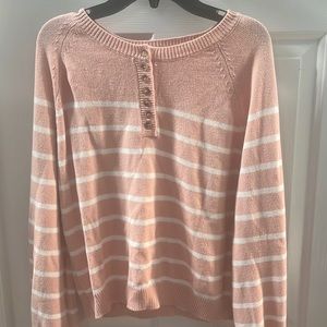 Pink and White Striped Long Sleeve Henley Top